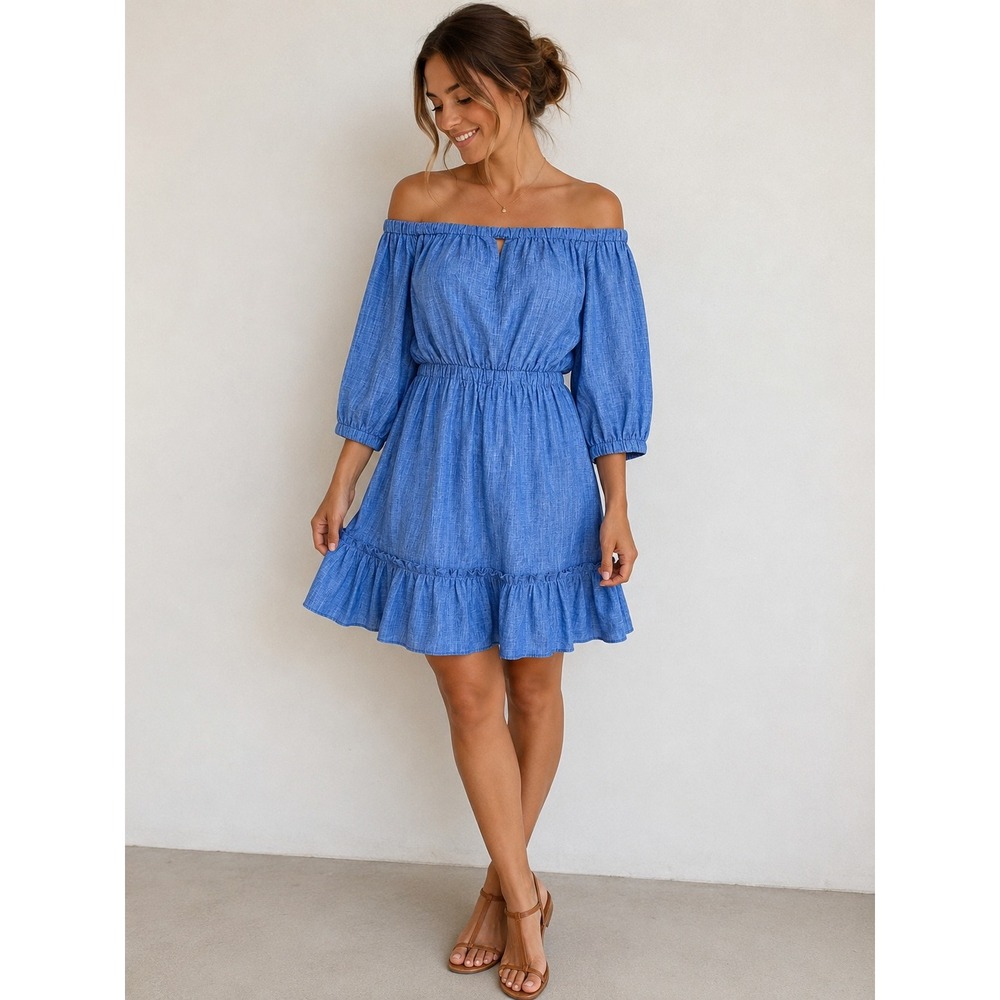 Milly Blue Linen Off Shoulder Dress Size S Boho Chic Resortwear Coastal Vacation